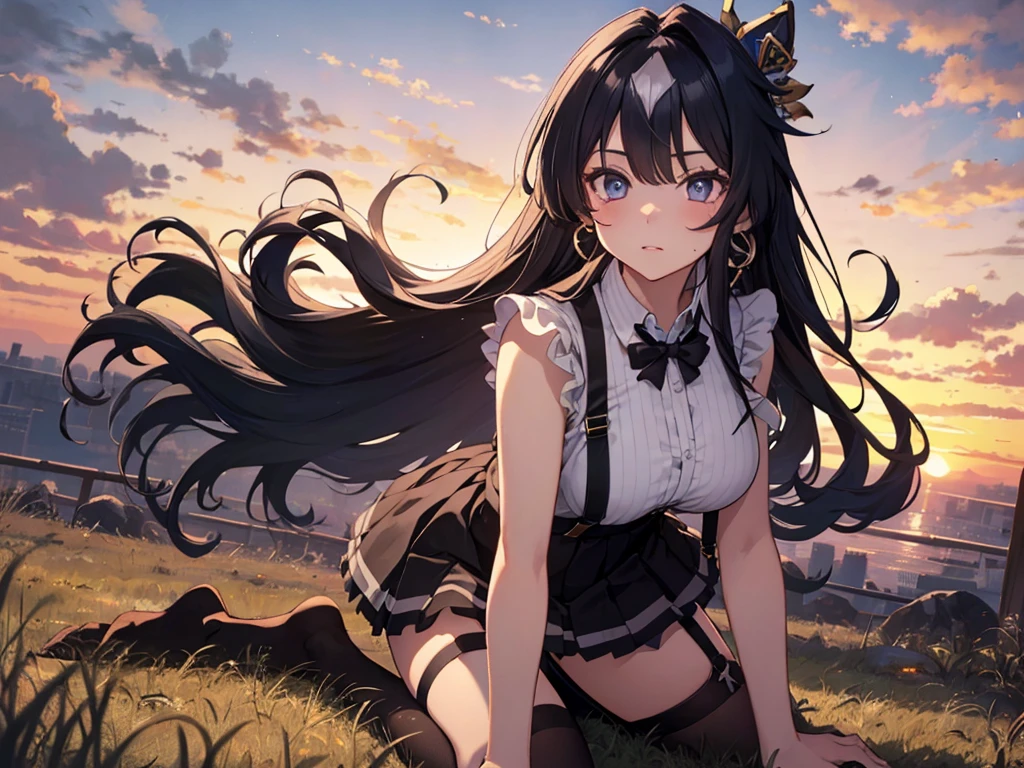 Alone, 1 Female, (Human Ear, Earrings), (Black Hair, Long Hair Down), (Lying  with Arms Behind Head),( kneeling、slouch)、 (Anime Face, ahegao), (Hair Accessories), (Suspenders,  dress,  Mini Skirt, garter belt, Stockings), (Sunset Sky, Sunset, Evening Sky), (Focus on Breasts, Dynamic Angle), (High Resolution, Masterpiece, Accurate, Anatomically Correct, Multiple Award Winning Condition, Top Quality, Detailed, High Quality Model, High Quality, retina, Highly Detailed Condition), Textured Skin, Ultra High Resolution).