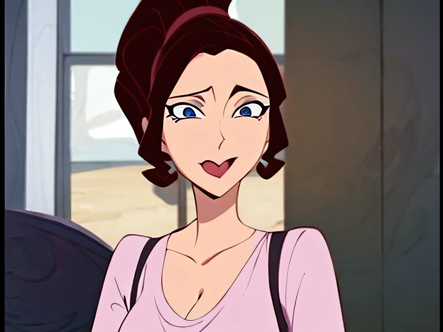 (masterpiece, best quality:1.2) 1girl, woman in her early 20s, pink shirt, face close-up, brown hair, ponytail, indoors, blue eyes, lipstick, looking at viewer, Megara

