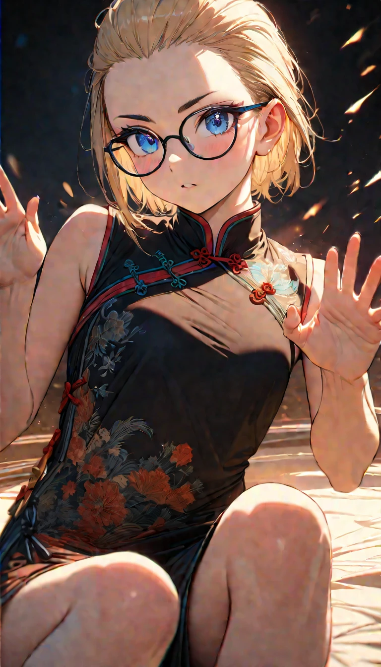 Speedy Shot,(Top quality masterpiece),detailed,ultra detailed,hyper detailed,insanely detailed,Exquisite,Beautiful Full HD,16k,cute,Fantasy,A vibrant academic community,Soft line design,Soft　Surface,Simple line drawing,The best light,Fast Shutter Speed,  depth of border described,Highly saturated colors,BREAK,
(14yo),skinny,flat chested,(forehead,hair slicked back:1.3),Beautiful blonde hair,(blue eyes),(black nodoka glasses),thick bluish eyeshadow, thin eyebrows, thick black eyeliner, Highlighted eyes with eyeliner, false eyelashes,BREAK,
Chinese dress, drunken fist pose