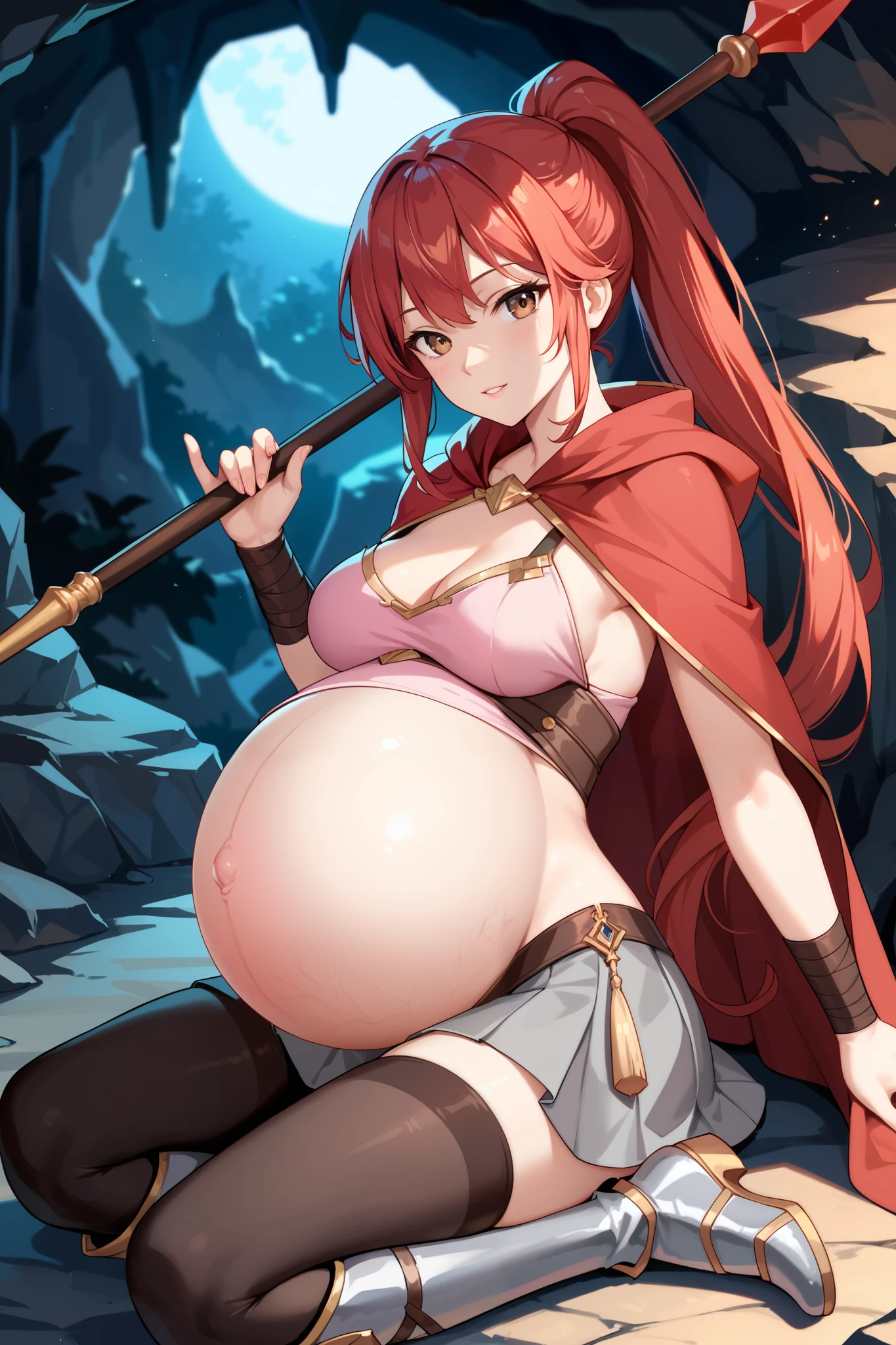 High Resolution, High Quality, High Details, cave scene, night, 1girl, red hair, long Ponytail, brown eyes, medium breasts, red cloak, pink tunic, grey skirt, black leggings, armor boots, looking at wall drawing, holding spear, pregnant belly, right arm covered in wrapping, sexy pose