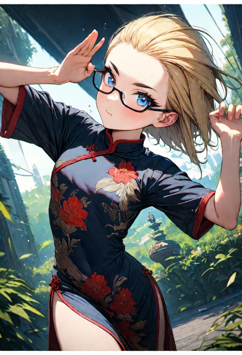 Speedy Shot,(Top quality masterpiece),detailed,ultra detailed,hyper detailed,insanely detailed,Exquisite,Beautiful Full HD,16k,cute,Fantasy,A vibrant academic community,Soft line design,Soft　Surface,Simple line drawing,The best light,Fast Shutter Speed,  depth of border described,Highly saturated colors,BREAK,
(14yo),skinny,flat chested,(forehead,hair slicked back:1.3),Beautiful blonde hair,(blue eyes),(black nodoka glasses),thick bluish eyeshadow, thin eyebrows, thick black eyeliner, Highlighted eyes with eyeliner, false eyelashes,BREAK,
Chinese dress, drunken fist pose