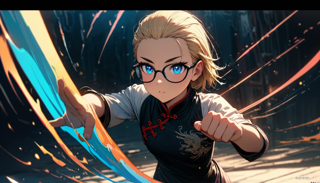 Speedy Shot,(Top quality masterpiece),detailed,ultra detailed,hyper detailed,insanely detailed,Exquisite,Beautiful Full HD,16k,cute,Fantasy,A vibrant academic community,Soft line design,Soft　Surface,Simple line drawing,The best light,Fast Shutter Speed,  depth of border described,Highly saturated colors,BREAK,
(14yo),skinny,flat chested,(forehead,hair slicked back:1.3),Beautiful blonde hair,(blue eyes),(black nodoka glasses),thick bluish eyeshadow, thin eyebrows, thick black eyeliner, Highlighted eyes with eyeliner, false eyelashes,BREAK,
Chinese dress, drunken fist pose