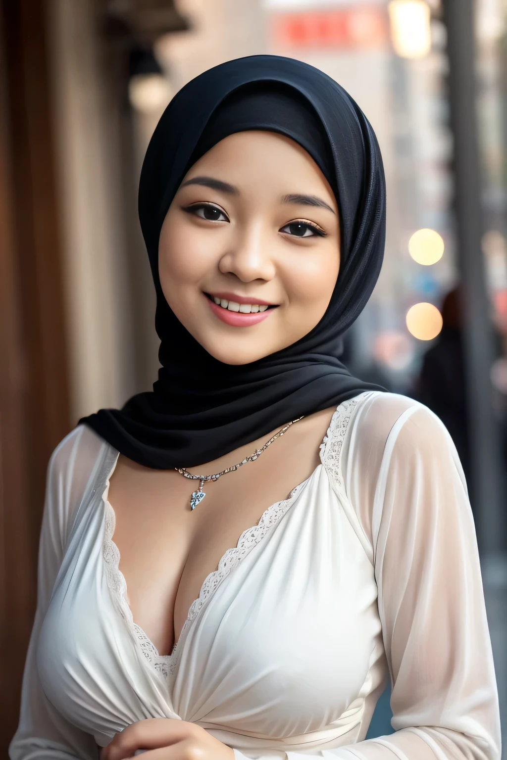 Beautiful, cute baby Face, russian ta Girl, blue eyes, (wearing hijab) and sexy long sleeves royal gown, Rounded small Breast, cleavage cutout, slightly Chubby , luxury necklace, White Skin, Smiling, Dark City Background, mid shot, upper body, Perfect Potrait, Bokeh Effect, Look at Viewer, Armpit, Perfect Eye, Perfect Hand, Perfect Finger, Bracelet, Ring, small breast, ((adorable:1.2)), ((masterpiece:1.1)), ((bokeh:1.2)),