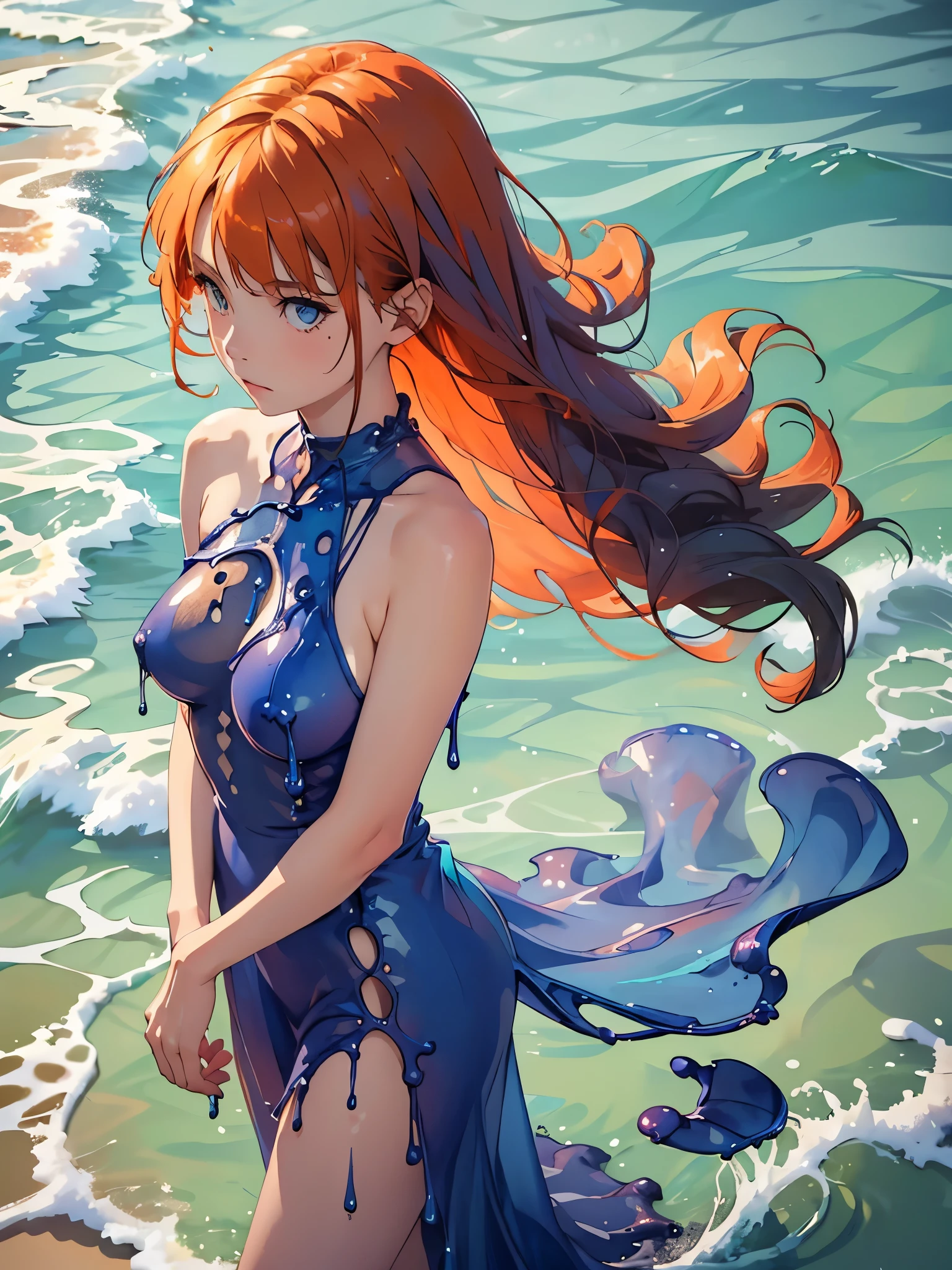 (masterpiece, best quality), ((1girl, solo, long hair)), Ishmael_limbus, innocence expression, bare arms, bare shoulders, bare neck, watercolor, sundress, liquid clothes, water, waves, water dress, blue_theme, night, mist, dark, sharp focus, sea, see-through dress, orange hair