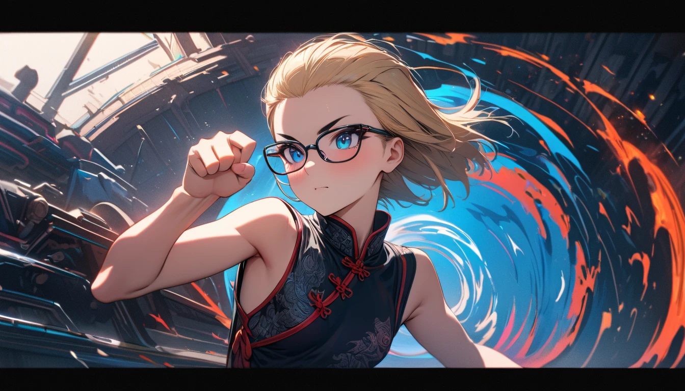 Speedy Shot,(Top quality masterpiece),detailed,ultra detailed,hyper detailed,insanely detailed,Exquisite,Beautiful Full HD,16k,cute,Fantasy,A vibrant academic community,Soft line design,Soft　Surface,Simple line drawing,The best light,Fast Shutter Speed,  depth of border described,Highly saturated colors,BREAK,
(14yo),skinny,flat chested,(forehead,hair slicked back:1.3),Beautiful blonde hair,(blue eyes),(black nodoka glasses),thick bluish eyeshadow, thin eyebrows, thick black eyeliner, Highlighted eyes with eyeliner, false eyelashes,BREAK,
Chinese dress, drunken fist pose