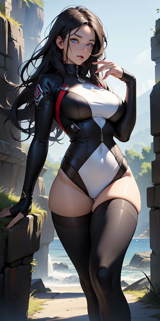 araffed woman in swimsuit leaning against a stone wall, wet swimsuit, sexy girl, sexy body, attractive body, wearing a bodysuit, tight attire, smooth body, swimsuit, bodysuit, asian, skintight black bodysuit, cute girl wearing tank suit, wearing leotard, asian girl, jaw-dropping beauty