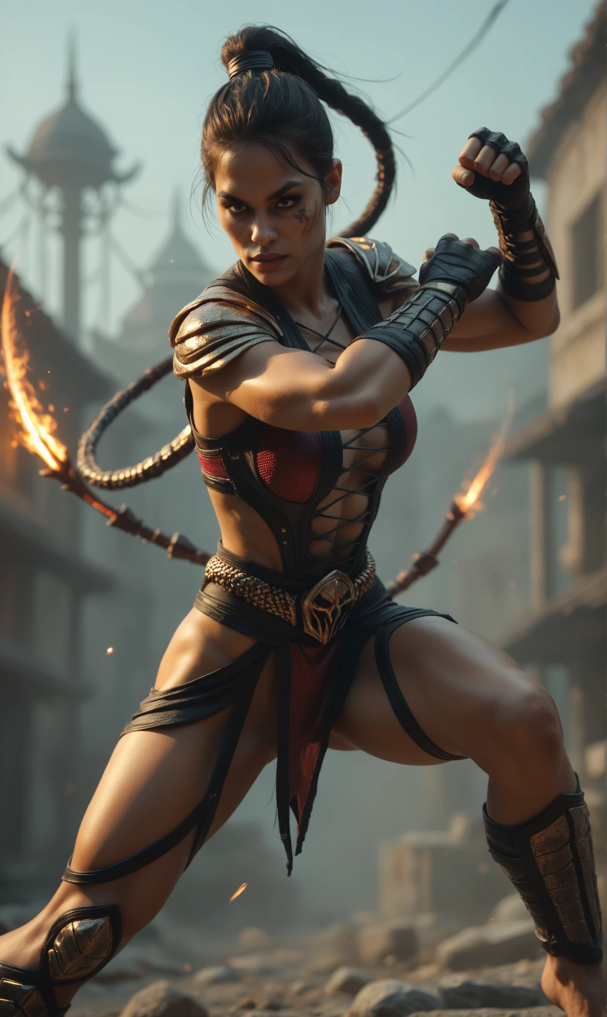 Photo of a hot aunt , highlighted gray hair , samurai shoulder armor, chest covered by bra , particle,wind ,flames ,backlighting,rim lighting,upper body,hot pose, small breast, swordwoman, woman with a sworm, dynamic pose, one woman holding sword, (masterpiece:1.2), (best quality), (ultra detailed), (8k, 4k, intricate),(full-body-shot:1), (85mm),light particles, lighting, (highly detailed:1.2),(detailed face:1.2), (gradients), sfw, colorful,(detailed eyes:1.2)(detailed background),detailed landscape, (dynamic angle:1.2), (dynamic pose:1.2), (rule of third_composition:1.3), (Line of action:1.2), moody lighting