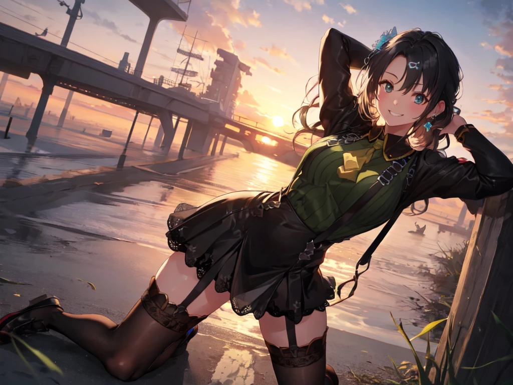 masterpiece, best quality,
satono crown \(umamusume\),
cityscape, night sky, ocean,
full body, sitting, looking at viewer,
ear ornament, black gloves, elbow gloves, collared shirt, suspenders, bare shoulders, yellow ascot, green shirt, sleeveless shirt, black shorts, highhighs, thigh boots, black footwear
<lyco:satono_crown_loha:0.7>