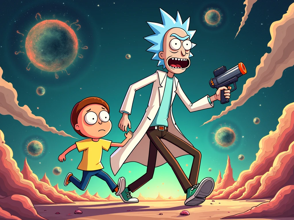 (masterpiece), best quality, dynamic, high-resolution, ultra-realistic (Rick and Morty), portal gun, interdimensional travel, sci-fi, comedy, surrealism, vibrant colors, dynamic lighting, quirky characters, alternate universes, outlandish creatures. --auto