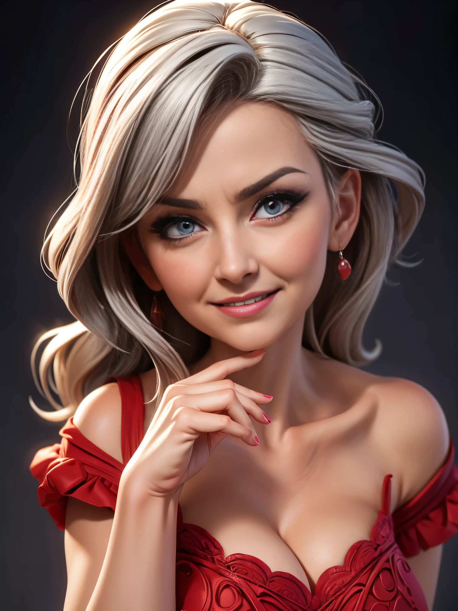 a sexy elderly woman, looking at viewer, smile, ((1woman)), beautiful detailed eyes, cleavage, wrinkled face, elderly skin, long grey hair, wearing a red dress, sensual pose, seductive expression, dramatic lighting, dramatic shadows, cinematic lighting, chiaroscuro lighting, vibrant colors, baroque style, detailed background, photorealistic, 8k, high quality, masterpiece