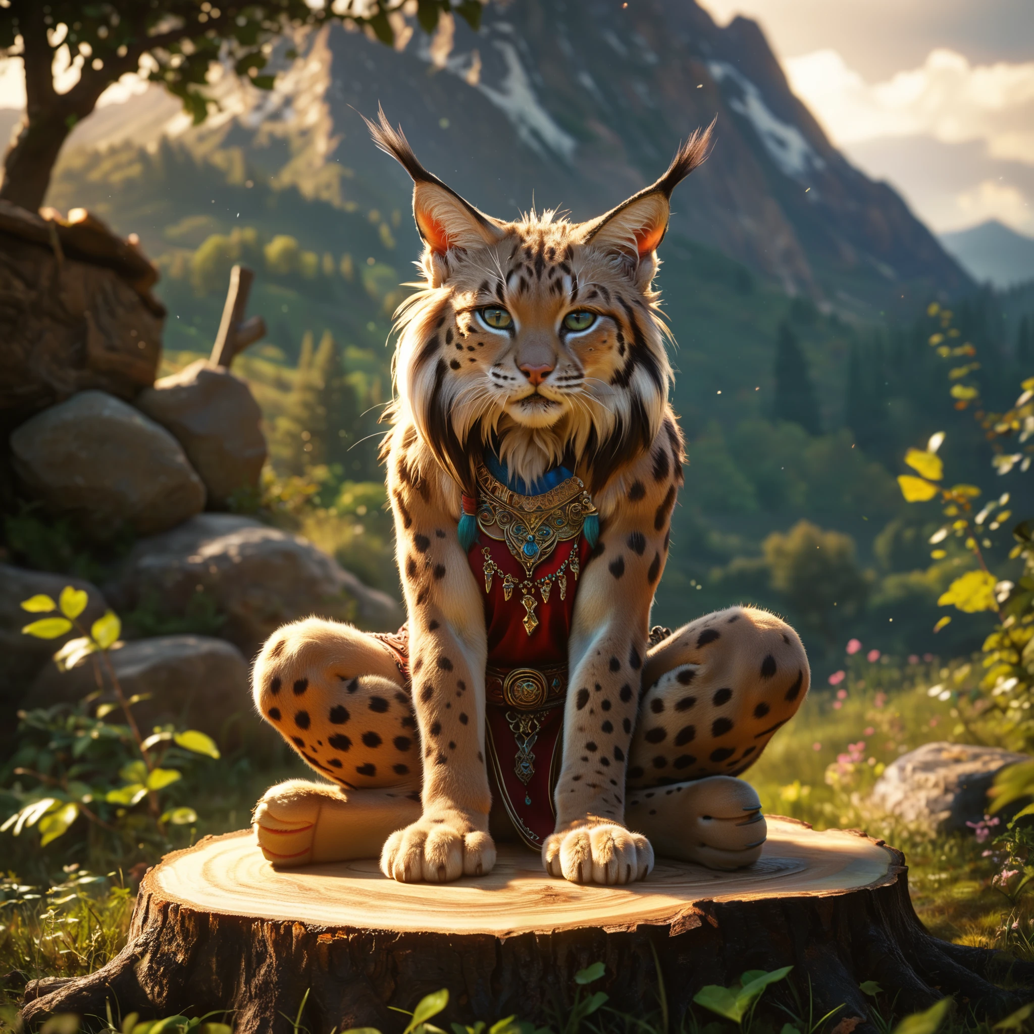 score_9, score_8_up, score_7_up, Alone, Full body, Front view, Lynx, female, Furry with mane, sitting on a tree stump, friendly tender face human-like, clear detailed eyes, very long tail, smiles, detailed face, noble clothing, looks at the viewer, Very detailedes Fell, in the high mountains, highest quality, Very detailed, Very detaileder background