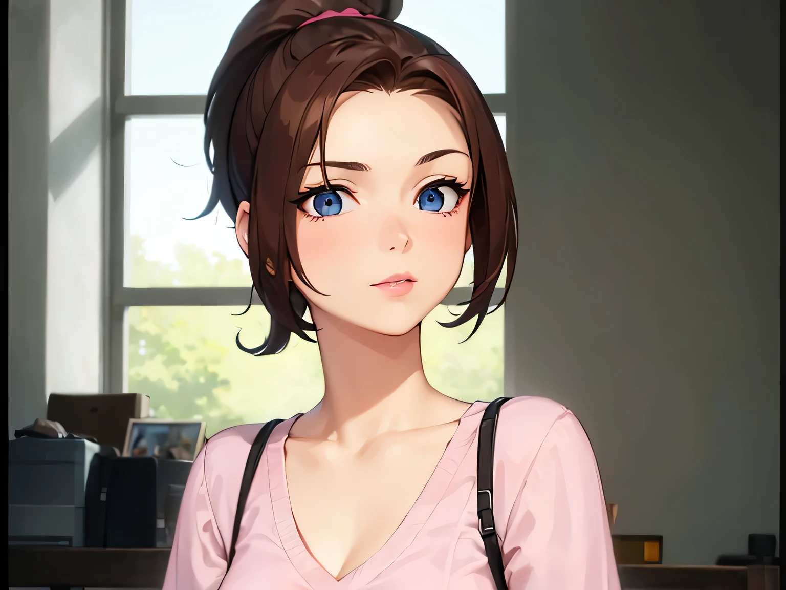 (masterpiece, best quality:1.2) 1girl, woman in her early 20s, pink shirt, face close-up, brown hair, ponytail, indoors, blue eyes, lipstick, looking at viewer, 404

