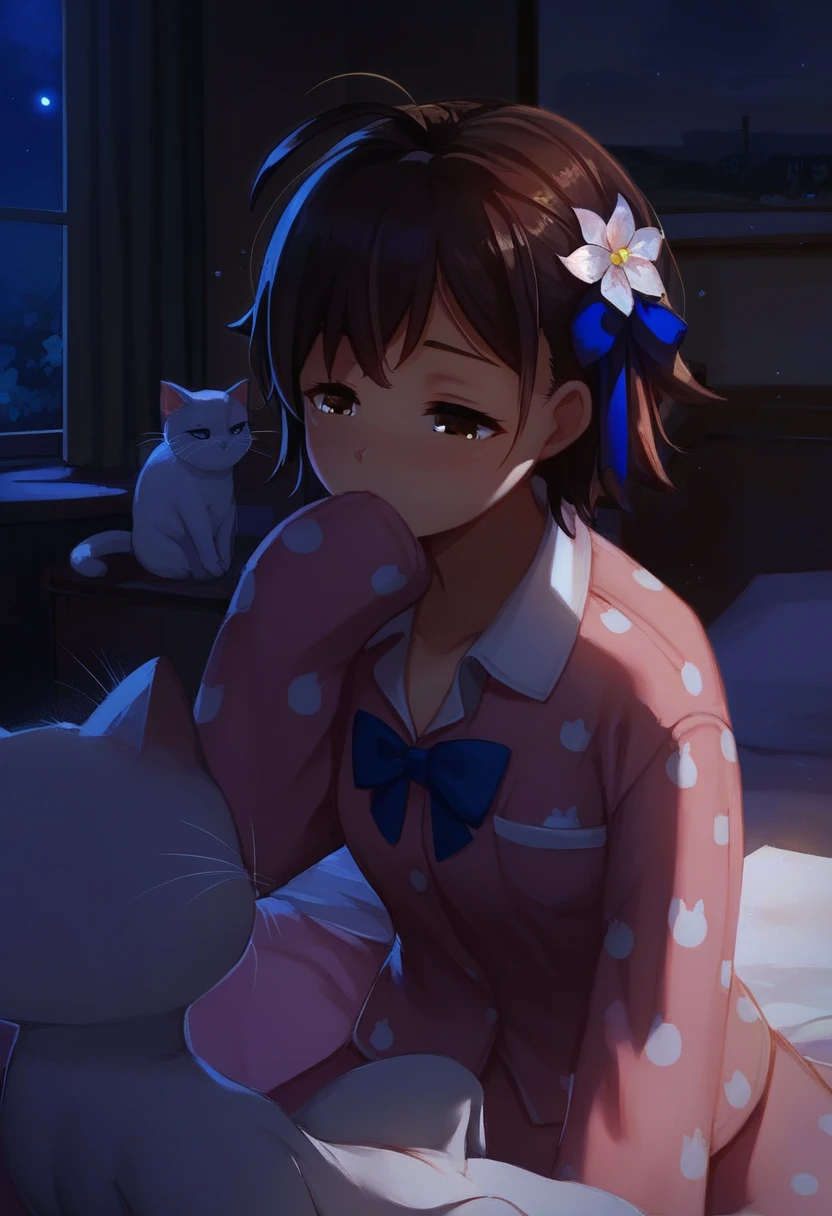 score_9, score_8_up, score_7_up, score_6_up, score_5_up, score_4_up, 1girl, teen, ((Artist: Makoto Shinkai)), dynamic angle, sleepy, eyes half closed, closed mouth, hair flower, black hair, hair ornament, ahoge, flower, pajamas, pink pajamas, ribbon, medium hair, long sleeves, brown eyes, pocket, chest pocket, head up, bangs, school uniform, upper body, collared pajamas, white flower, blue ribbon, bow, hair ribbon, skirt, night, Indoors, bedroom, wall background, on bed, animal, cat, ((white cat)), cute cat, one hand on mouth, sitting, wariza, low lighting, aidxlv05_neg