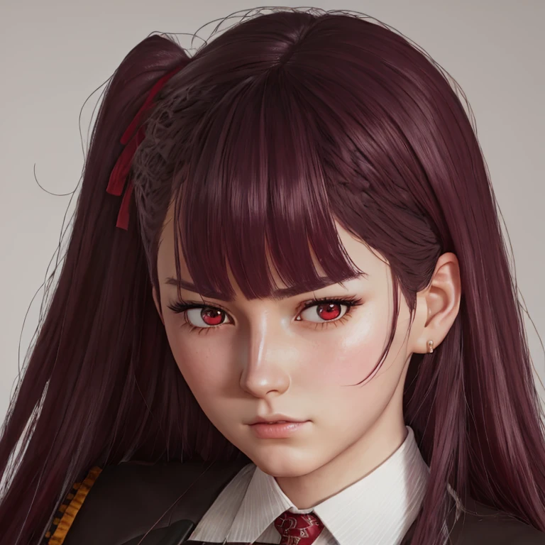      There is a woman with long hair who wears a suit and tie., colegiala hiperrealistic, a colegiala hiperrealistic, Realistic young anime girl     ,     Anime-style realism    ,  estilo de arte anime realistic ,  estilo de arte de anime realistic , Estilo anime 3D realistic, portrait of an anime girl,      artwork in the style of Guweiz     , Detailed portrait of an anime girl,     incredible anime face portrait    .  model,     of German origin (beautiful,elegant,sexy)  And so mixed russian   (beautiful,sexy,linda) ,     just looking at the viewer  , (realistic:1.4), (:1.0), Ojos rojos,     Round pupils     (perfecta), eyelashes(perfecta),form (perfecta),form(better light), beautiful eyes, shirt, jacket, red tie,  white skin  ,  white skin  pálida, white skin(better light),(  burgundy hair color    ), Braid, (one side up:1.2), (     hair band   ), (blush, ashamed), (while getting angry),(Detailed, ultra-Detailed, high Detailed, ultra realistic 8k CG,     perfect artwork, lyrical), wooden table, flores, information,  no benefit   