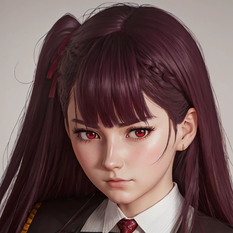      There is a woman with long hair who wears a suit and tie., colegiala hiperrealistic, a colegiala hiperrealistic, Realistic young anime girl     ,     Anime-style realism    ,  estilo de arte anime realistic ,  estilo de arte de anime realistic , Estilo anime 3D realistic, portrait of an anime girl,      artwork in the style of Guweiz     , Detailed portrait of an anime girl,     incredible anime face portrait    .  model,     of German origin (beautiful,elegant,sexy)  And so mixed russian   (beautiful,sexy,linda) ,     just looking at the viewer  , (realistic:1.4), (:1.0), Ojos rojos,     Round pupils     (perfecta), eyelashes(perfecta),form (perfecta),form(better light), beautiful eyes, shirt, jacket, red tie,  white skin  ,  white skin  pálida, white skin(better light),(  burgundy hair color    ), Braid, (one side up:1.2), (     hair band   ), (blush, ashamed), (while getting angry),(Detailed, ultra-Detailed, high Detailed, ultra realistic 8k CG,     perfect artwork, lyrical), wooden table, flores, information,  no benefit   