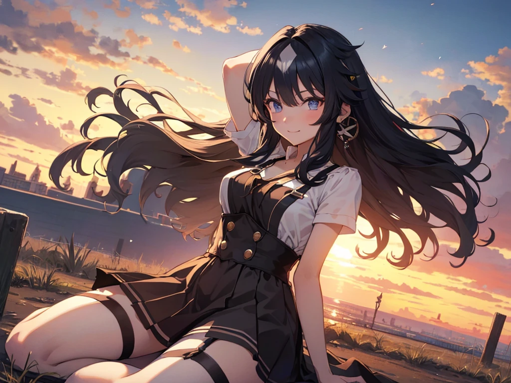 Alone, 1 Female, (Human Ear, Earrings), (Black Hair, Long Hair Down), (Lying  with Arms Behind Head),( kneeling、slouch)、 (Anime Face,  big smile when looking back), (Hair Accessories), (Suspenders,  gorgeous dresses,  Micro Mini Skirt, garter belt, Stockings), (Sunset Sky, Sunset, Evening Sky), (Focus on Breasts, Dynamic Angle), (High Resolution, Masterpiece, Accurate, Anatomically Correct, Multiple Award Winning Condition, Top Quality, Detailed, High Quality Model, High Quality, retina, Highly Detailed Condition), Textured Skin, Ultra High Resolution).