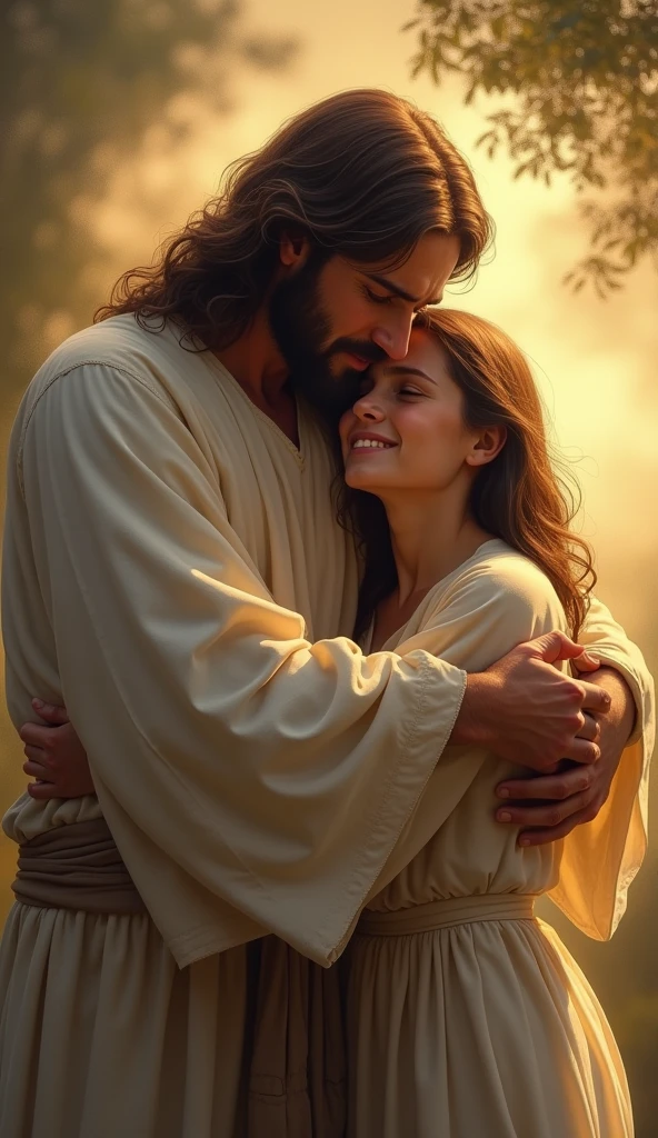 CREATE AN IMAGE OF A CHILD WOMAN SITTING ON THE LAP OF JESUS CHRIST SMILING, Background, A WHITE PLANE