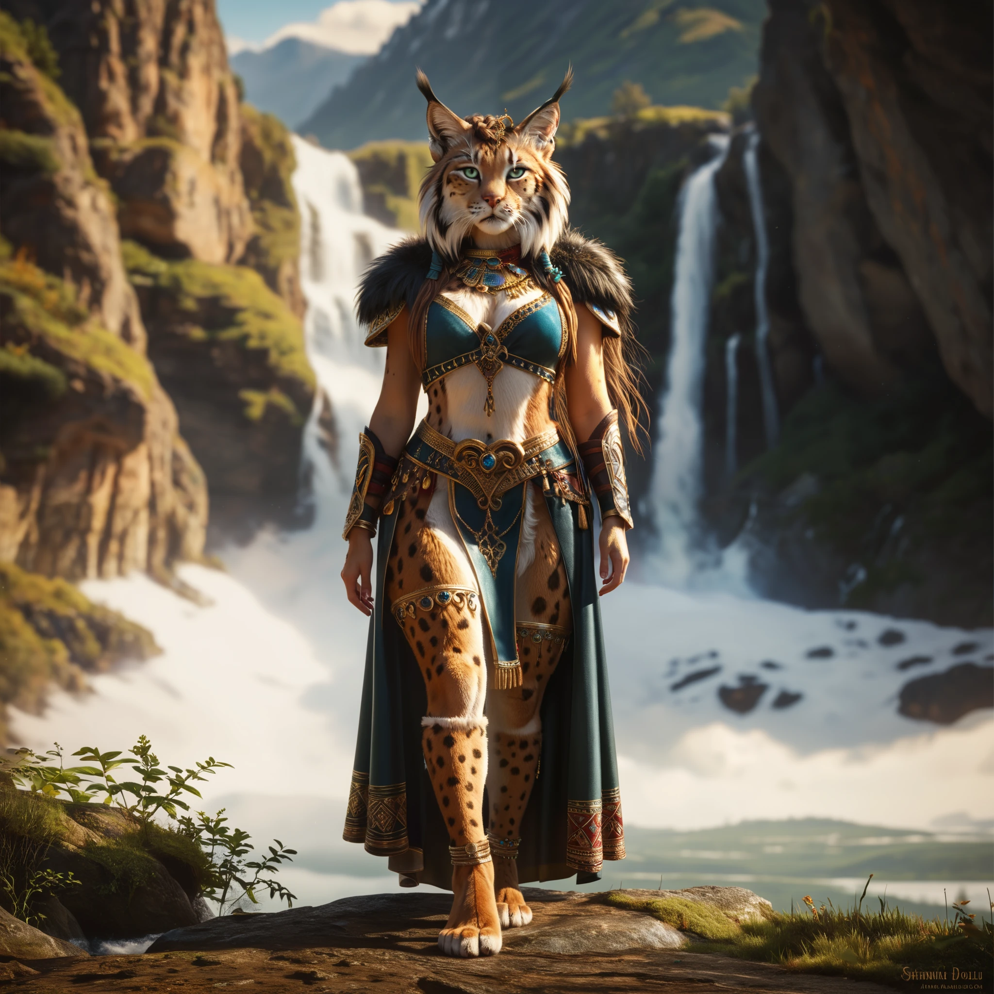 score_9, score_8_up, score_7_up, Anthro, Alone, Full body, Front view, Lynx, female, Furry with mane, stands, friendly tender face human-like, clear detailed eyes, very long tail, smiles, detailed face, queen clothing, looks at the viewer, nature, Very detailedes Fell, in the high mountains, highest quality, Very detailed, Very detaileder background