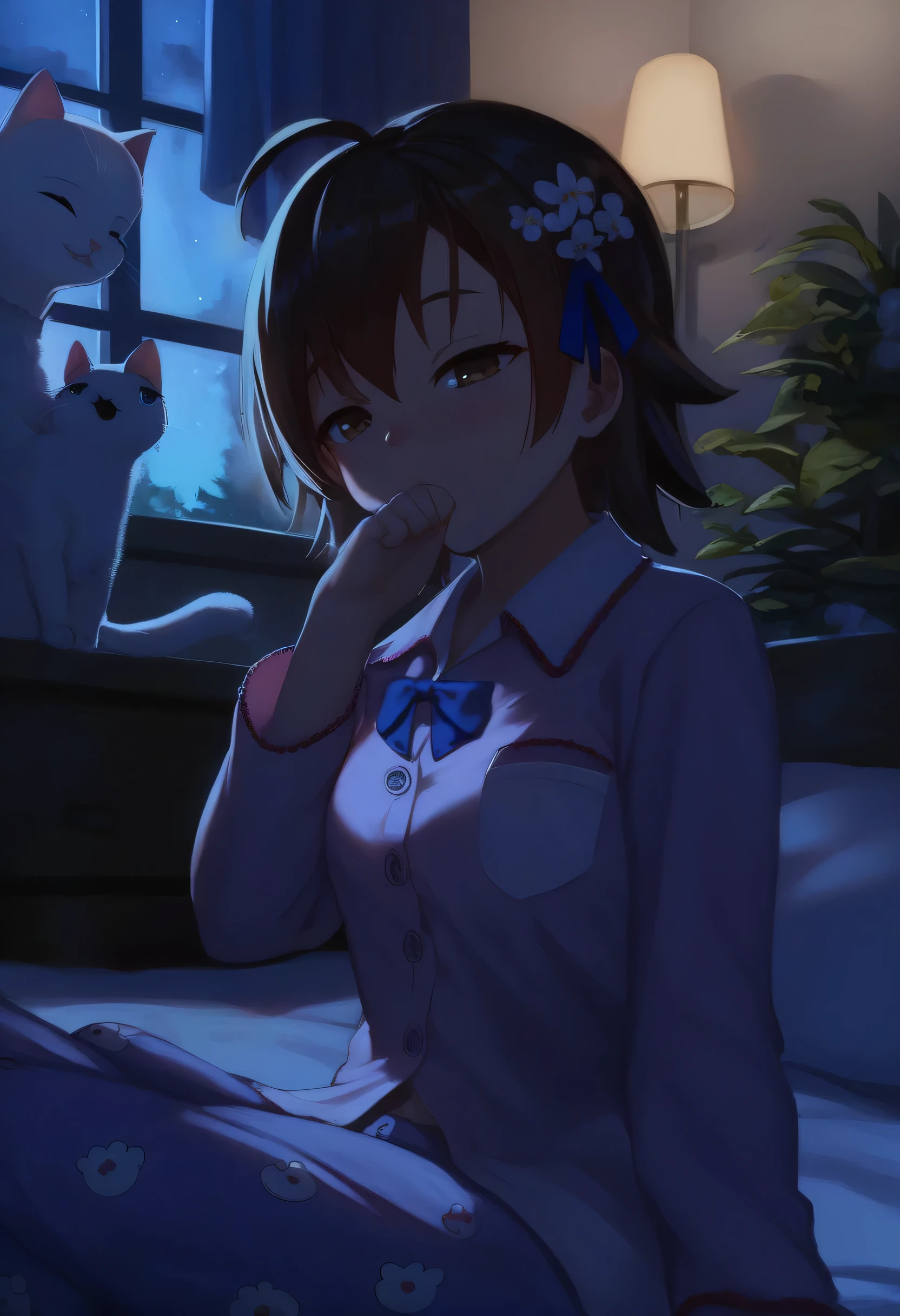 score_9, score_8_up, score_7_up, score_6_up, score_5_up, score_4_up, 1girl, , ((Artist: Makoto Shinkai)), dynamic angle, sleepy, eyes half closed, closed mouth, hair flower, black hair, hair ornament, ahoge, flower, pajamas, pink pajamas, ribbon, medium hair, long sleeves, brown eyes, pocket, chest pocket, head up, bangs, school uniform, upper body, collared pajamas, white flower, blue ribbon, bow, hair ribbon, skirt, night, Indoors, bedroom, wall background, on bed, animal, cat, ((white cat)), cute cat, one hand on mouth, sitting, wariza, low lighting, aidxlv05_neg