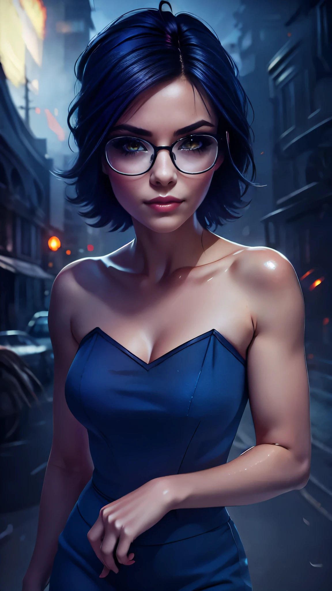 high quality, masterpiece, ultra detailed, a ghostly, haunting, aesthetic nightmare, 1 woman, detailed face, melancholic expression, dark smoky atmosphere, moody lighting, intricate details, cinematic composition, dark fantasy, surreal, digital art, rounded face, (very short disheveled dark blue hair), mz, big yellow eyes, shy smile, perfect flat breast, look at you, (huge ahoge:1.2), (glasses:1.3), bissett