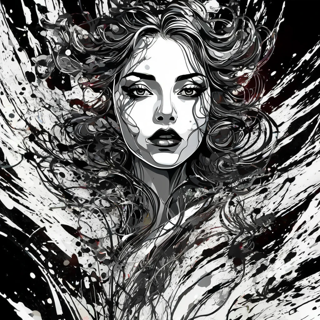 "Create a dramatic, monochromatic digital art piece showcasing a face with an open mouth, expressing intense emotion. Surround the face with swirling, liquid-like patterns that evoke motion and chaos. Use a dark and intense tone, focusing on shades of black, white, and gray. Incorporate blending and smudging techniques to create smooth transitions and a fluid, dynamic effect, emphasizing contrast and depth to enhance the haunting atmosphere."
