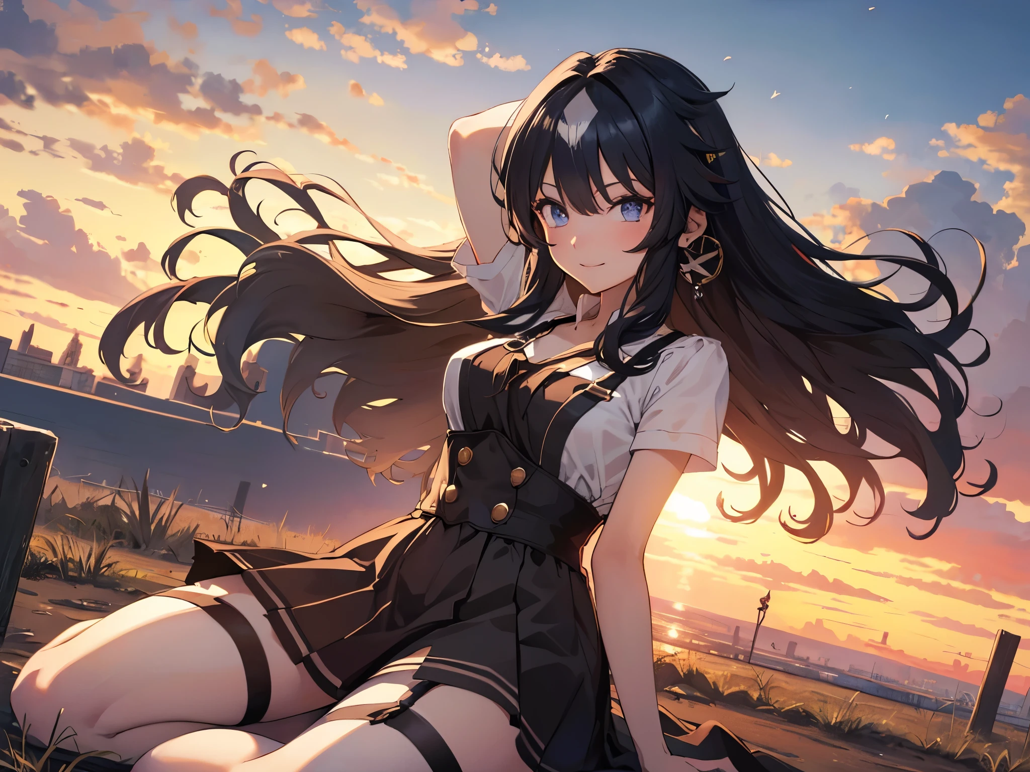 Alone, 1 Female, (Human Ear, Earrings), (Black Hair, Long Hair Down), (Lying  with Arms Behind Head),( kneeling、slouch)、 (Anime Face,  big smile when looking back), (Hair Accessories), (Suspenders,  gorgeous dresses,  Micro Mini Skirt, garter belt, Stockings), (Sunset Sky, Sunset, Evening Sky), (Focus on Breasts, Dynamic Angle), (High Resolution, Masterpiece, Accurate, Anatomically Correct, Multiple Award Winning Condition, Top Quality, Detailed, High Quality Model, High Quality, retina, Highly Detailed Condition), Textured Skin, Ultra High Resolution).