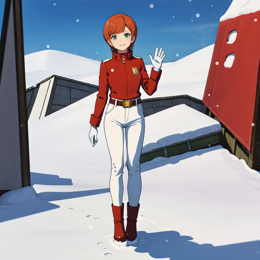 masterpiece,high quality,solo, happy,
mineva_lao_zabi, she has green eyes, she has short orange hair, standing, waving at viewer, she is dressed in a red snow jacket,long sleeves, belt,skirt,white snow pants, white snow gloves, boots, standing,full body, outdoors, winter cityscape, chilly day, snowing,

