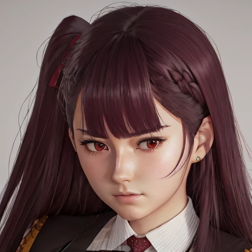      There is a woman with long hair who wears a suit and tie., colegiala hiperrealistic, a colegiala hiperrealistic, Realistic young anime girl     ,     Anime-style realism    ,  estilo de arte anime realistic ,  estilo de arte de anime realistic , Estilo anime 3D realistic, portrait of an anime girl,      artwork in the style of Guweiz     , Detailed portrait of an anime girl,     incredible anime face portrait    .  model,    Of Asian origin  (beautiful,elegant,sexy)  y Russian (beautiful,sexy,linda) ,     just looking at the viewer  , (realistic:1.4), (:1.0), Ojos rojos,     Round pupils     (perfecta), eyelashes(perfecta),form (perfecta),form(better light), beautiful eyes, shirt, jacket, red tie,  white skin  ,  white skin  pálida, white skin(better light),(  burgundy hair color    ), Braid, (one side up:1.2), (     hair band   ), (blush, ashamed), (while getting angry),(Detailed, ultra-Detailed, high Detailed, ultra realistic 8k CG,     perfect artwork, lyrical), wooden table, flores, information,  no benefit   