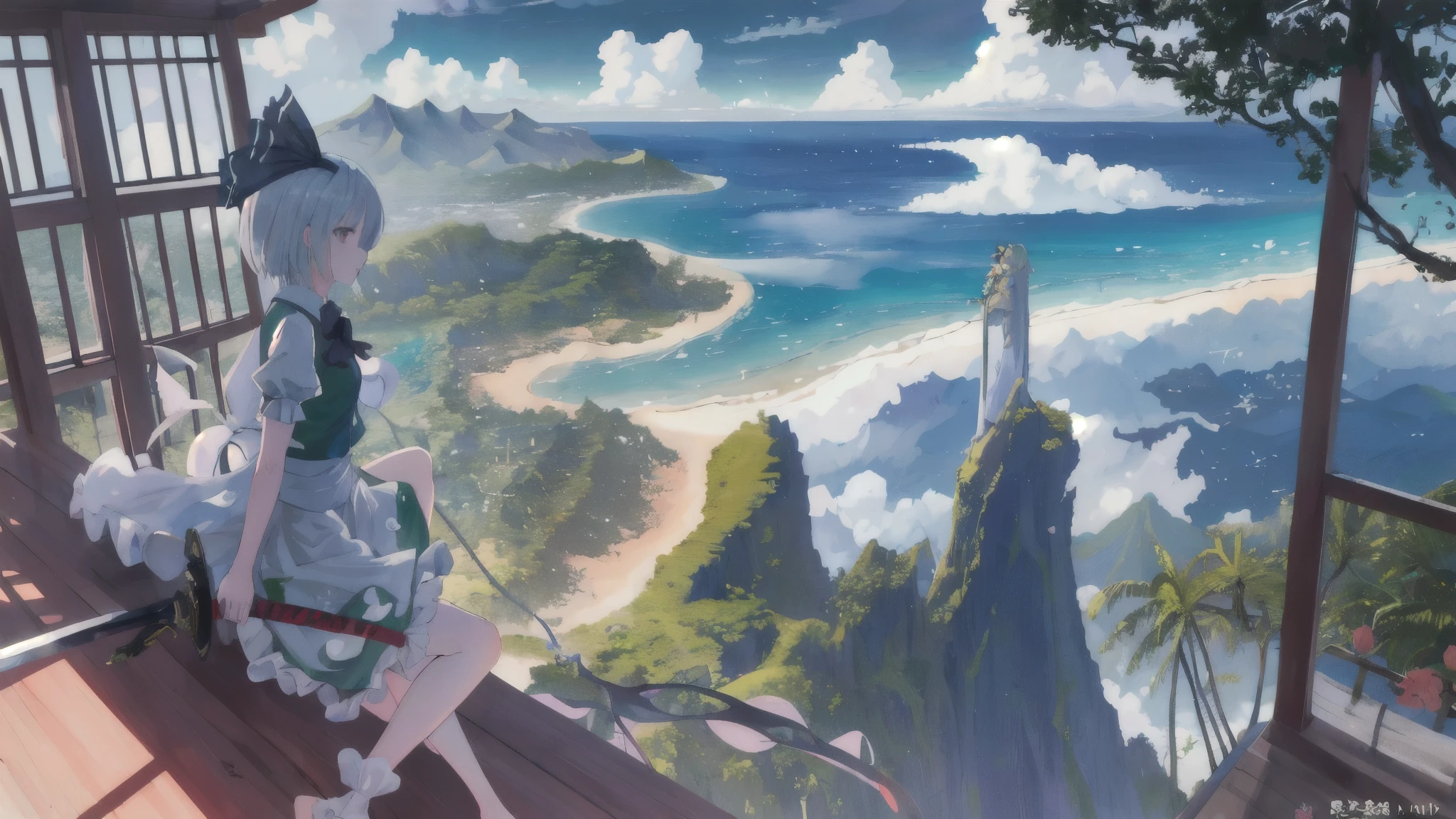 masterpiece, best quality, absurdres, ultra detail,konpaku_youmu_touhou dynamic pose,dynamic angle landscape，morning，Hawaii ，ocean，Seen from the roof ，1 girl，Ahog， alone，outdoor，cloud，Galaxy，Sitting，forest，City，Silhouette，Life, sword