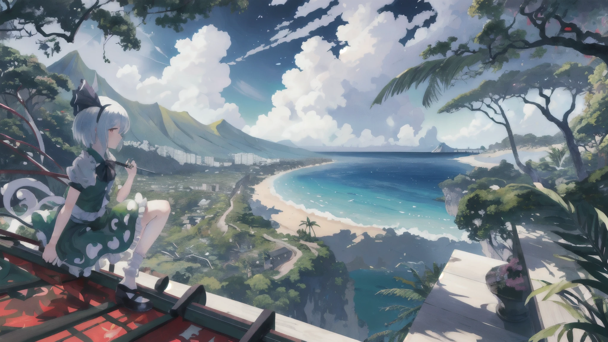 masterpiece, best quality, absurdres, ultra detail,konpaku_youmu_touhou dynamic pose,dynamic angle landscape，morning，Hawaii ，ocean，Seen from the roof ，1 girl，Ahog， alone，outdoor，cloud，Galaxy，Sitting，forest，City，Silhouette，Life, sword