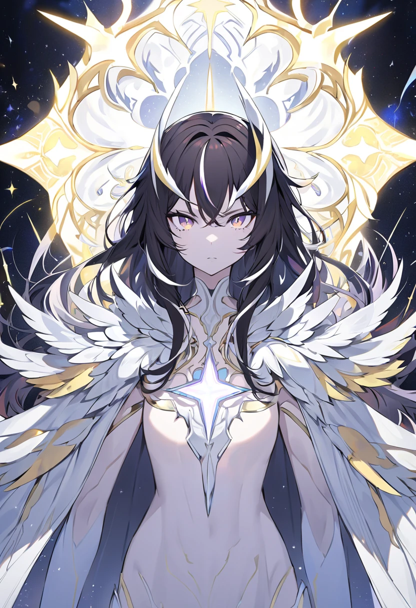 nude archangel with sharp features and dark hair streaked with white, waist-up, wearing a celestial cape and holding a staff topped with a glowing star