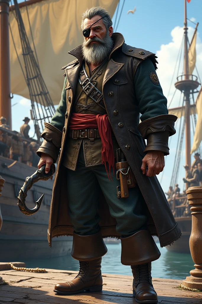 colorful, hyper detail, dramatic light, intricate details, best quality, (extremely detailed CG unity 8k wallpaper, masterpiece, best quality, ultra-detailed, best shadow), (1man, old spanish male:1.2), frail, ruby eyes, auburn hair, side-swept fringe, Style-GravityMagic, focus on character, portrait, looking at viewer, solo, half shot, detailed background, evil outlaw, gray pirate sailor uniform, amulet, cunning smile, standing, compass, dark pirate cave, skulls, flying gold coins, heaps of gold coins, too much coin to count, doubloons, wooden crates, treasure chests, weapons, barrels in background, moonlight, cinematic atmosphere, <lora:GoodHands-vanilla:1>