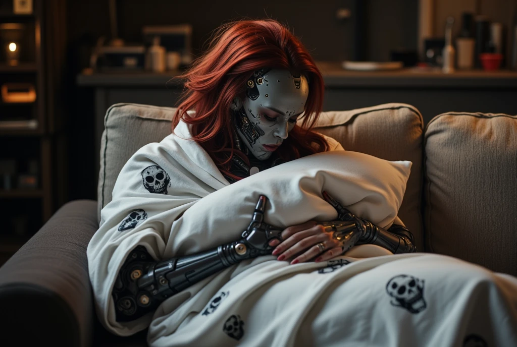 ((masterpiece)) ((photography)) ((Highest quality))  A realistic image of a tired mechanical woman with red hair sitting on her couch. She looks exhausted, wrapped in a white blanket patterned with skulls, and holding a pillow tightly in her arms. The setting is cozy, with dim, warm lighting and a slightly cluttered living room, emphasizing her fatigue and need for rest. The woman's mechanical features are subtly integrated into her appearance, blending metal and human textures seamlessly.