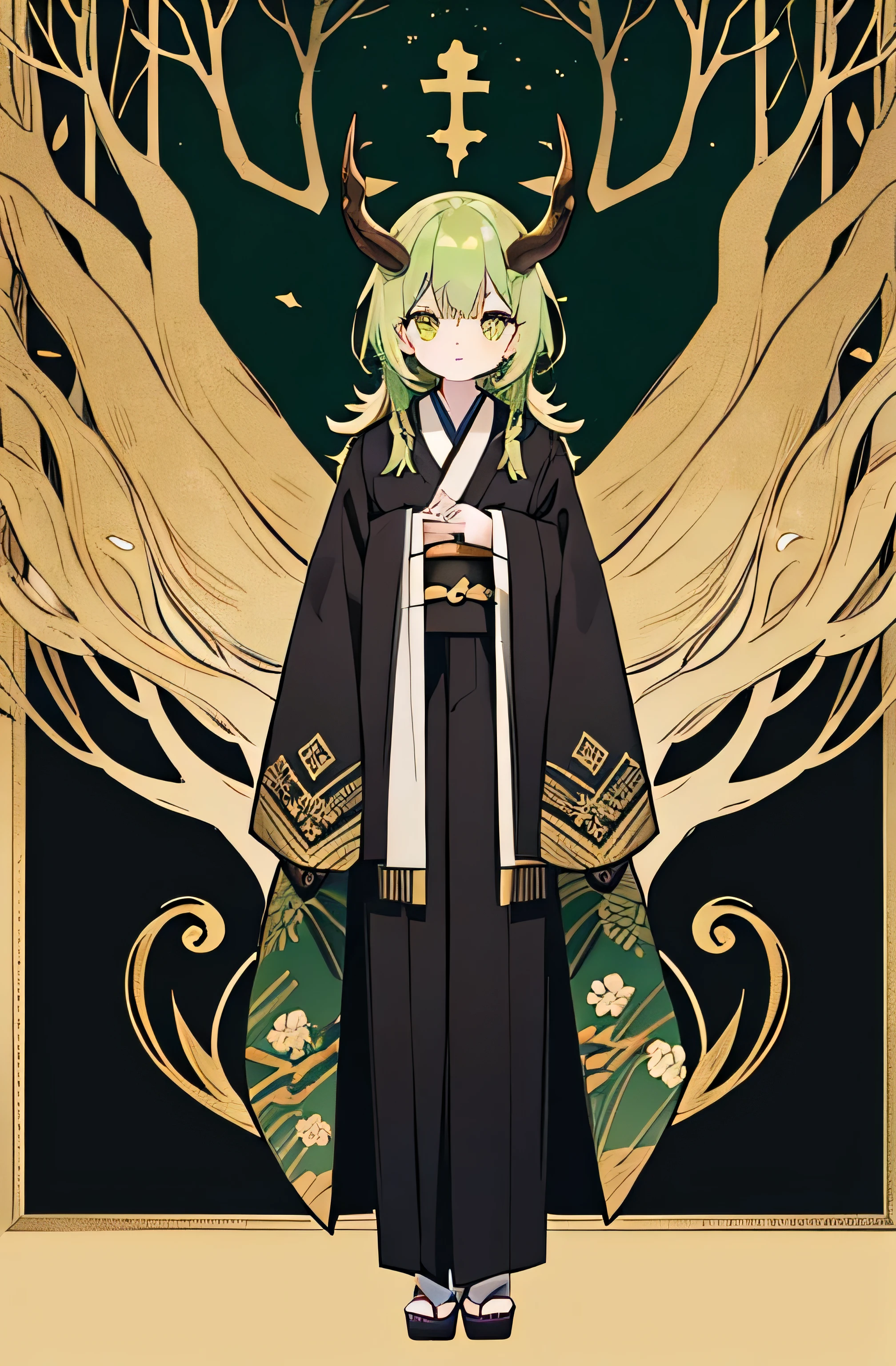 deep detailed eyes,tareme,Plant Horns , full body,Frontal standing,black and white green coat ,kimono,male,(Age 30),One person,Gold decoration, medium hair ,Green Hair,Droopy eyes ,adult, dread ,Mysterious,Tree Spirit,,simple back ground,Golden Eyes,cross arms in front,standing,from front,
