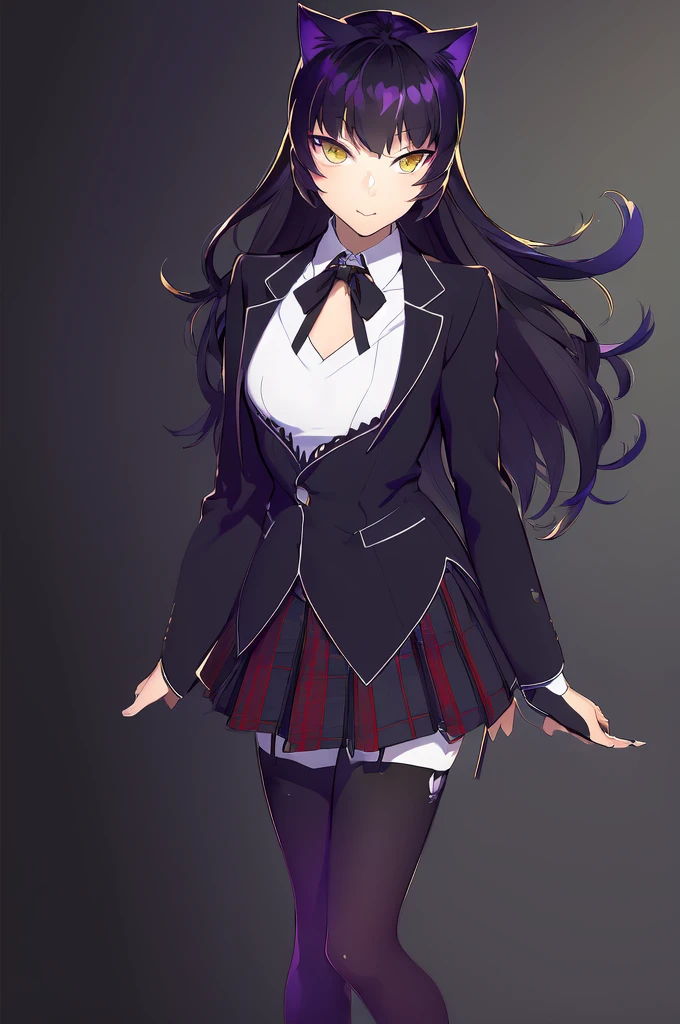 (masterpiece, best quality:1.2), solo, 1femboy, femboy gender bender blake belladonna, slight smile, closed mouth, looking at viewer, cat ears, school uniform, black blazer, neck ribbon, plaid skirt, pantyhose