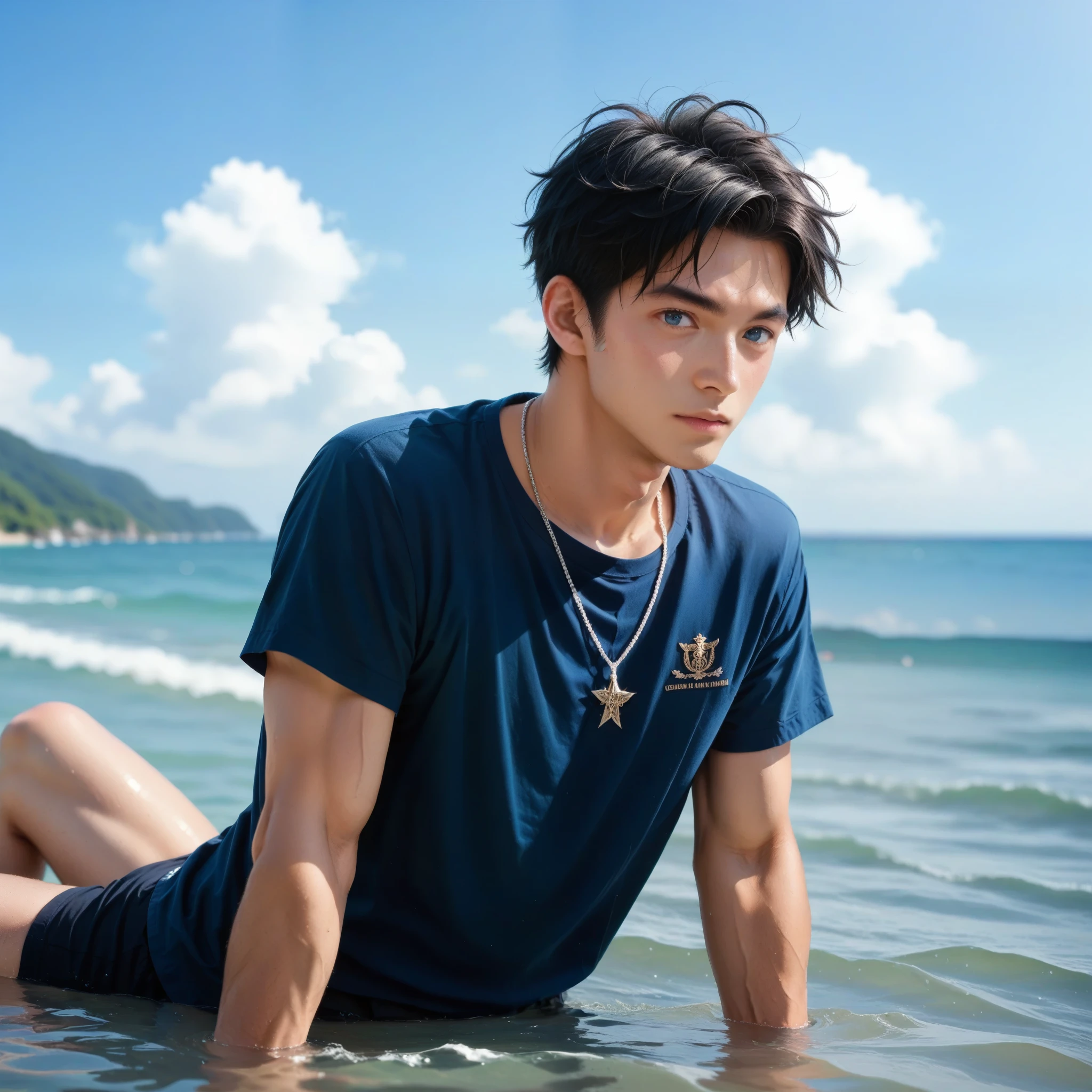 score_9, score_8_up, score_7_up,RAW photo,BREAK beautiful seaside,(Swimming in the sea)to,Nagi-kun,japanese boy, 19-years-old,black hair,dark blue eyes, smooth skin,(slim),small,plutinum round necklace,((high quality navy blue shirt))