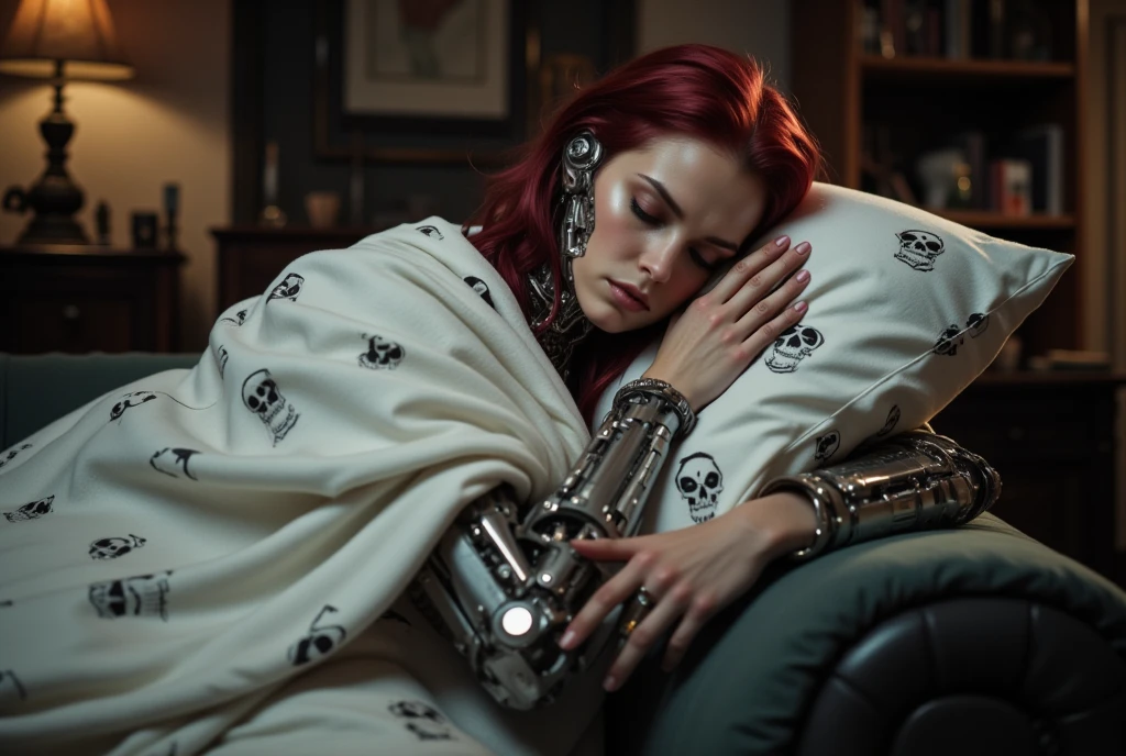 ((masterpiece)) ((photography)) ((Highest quality))  A realistic image of a tired mechanical woman with red hair sitting on her couch. She looks exhausted, wrapped in a white blanket patterned with skulls, and holding a pillow tightly in her arms. The setting is cozy, with dim, warm lighting and a slightly cluttered living room, emphasizing her fatigue and need for rest. The woman's mechanical features are subtly integrated into her appearance, blending metal and human textures seamlessly.