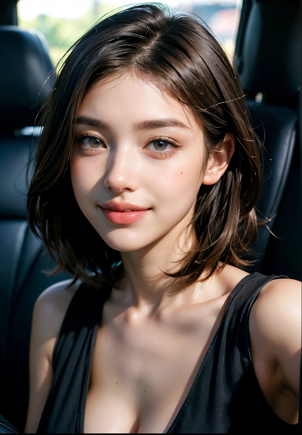 8K, RAW photos. Top quality, high quality, extreme detail photos, extreme detail eyes, super detail face, super detail hair, super detail body, (photography lighting: 1.3), 1girl, face is about 40 years old, puffy eyes, big eyes, good shape eyes. brown eyes, dark brown short hair, good lips, small lips, (medium breasts: 1.3), good breasts, natural makeup, city street, dress, meet-up, date,