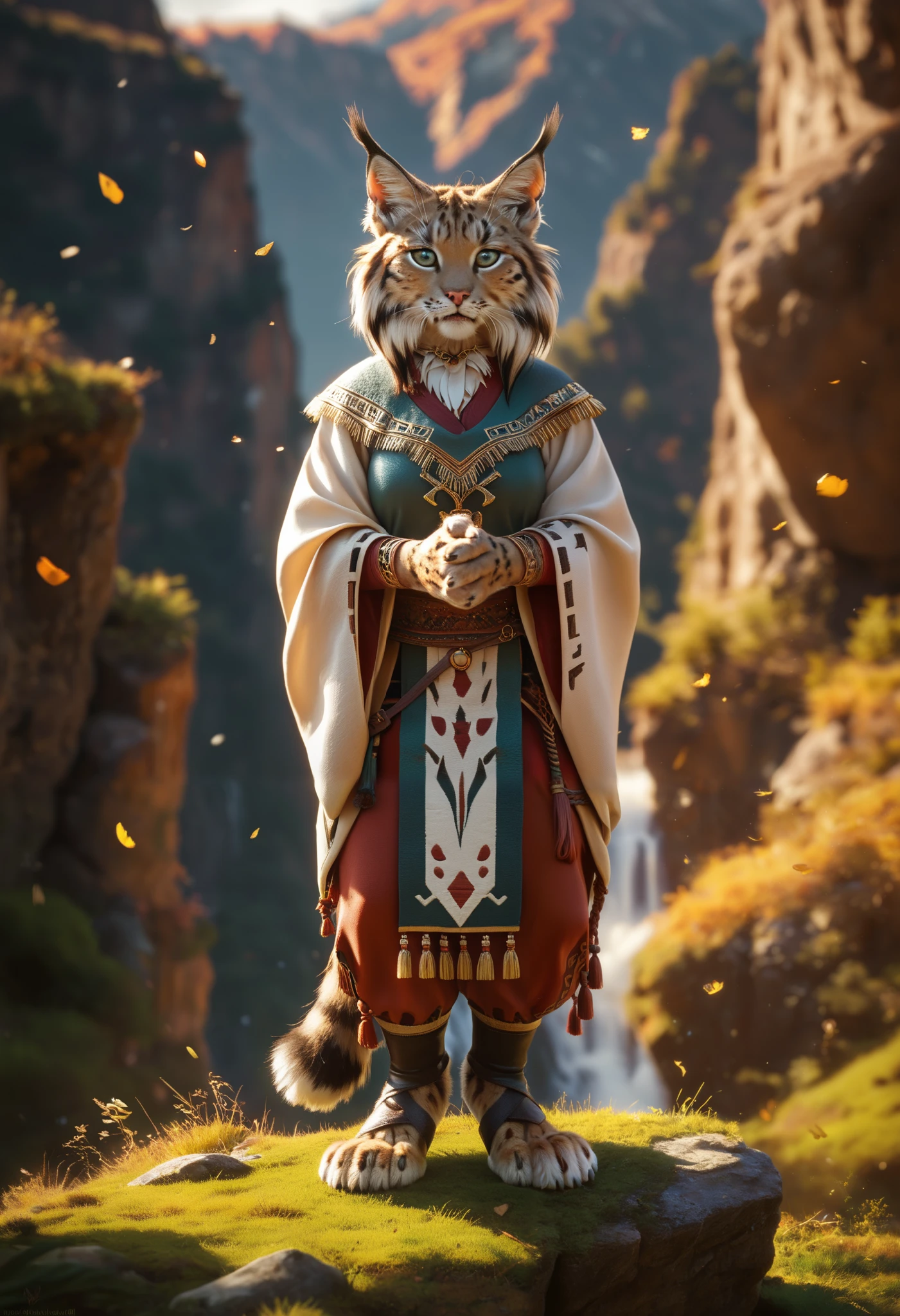 score_9, score_8_up, score_7_up, Anthro, Alone, Full body, Front view, Lynx, female, Furry with mane, stands, friendly tender face human-like, clear detailed eyes, very long tail, smiles, Lynx hands human-like with fur, detailed face, short fur all over the body, with claw, minimal warrior clothing, looks at the viewer, nature, Very detailedes Fell, in the high mountains, highest quality, Very detailed, Very detaileder background