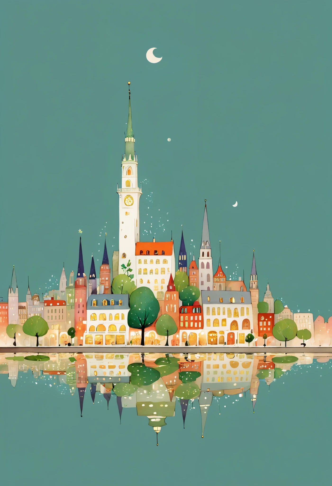 A whimsical cityscape, with charming buildings and a light, airy feel, simple background