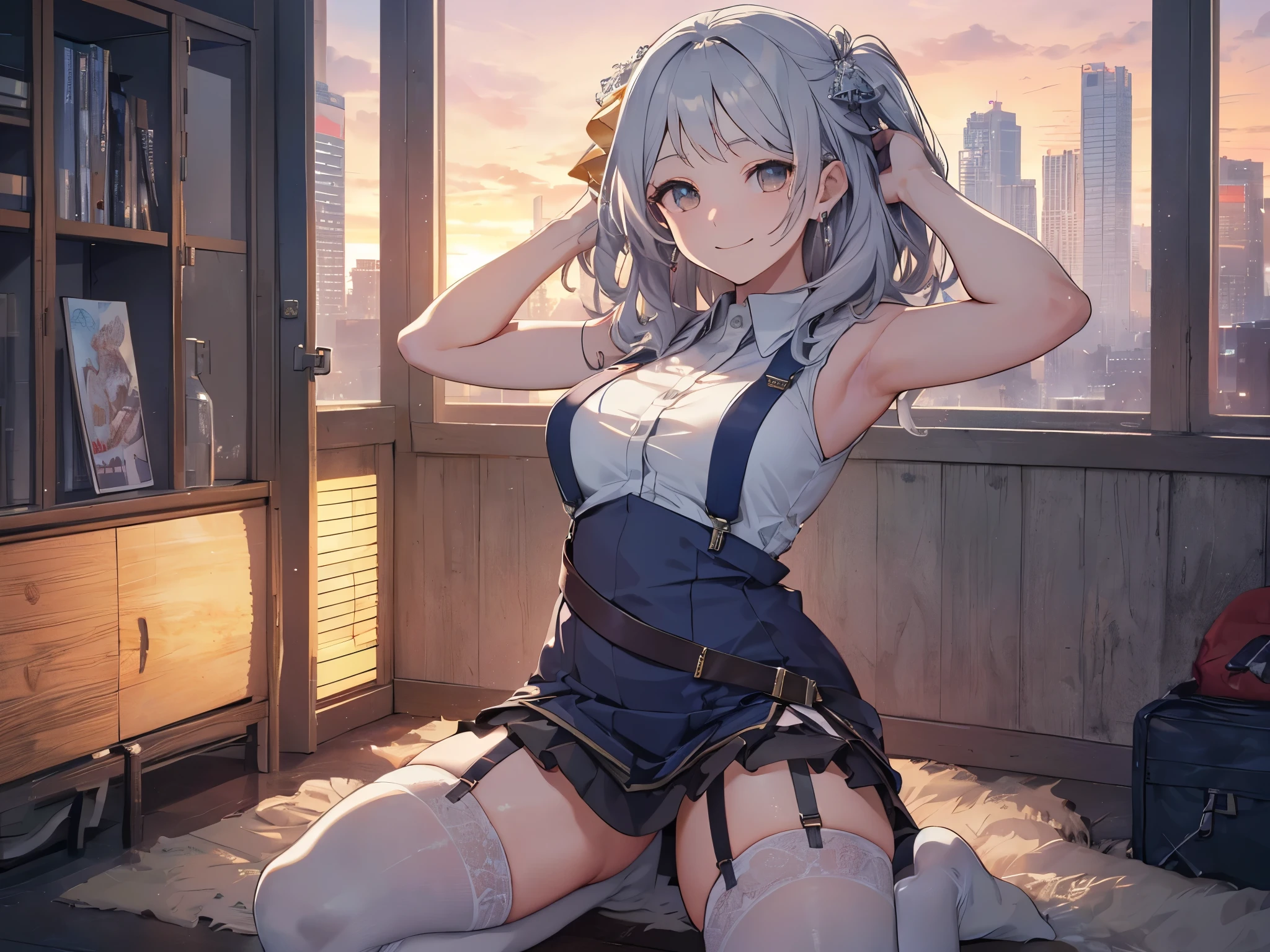 Alone, 1 Female, (Human Ear, Earrings), ( silver hair , Long Hair Down), (Lying  with Arms Behind Head),( kneeling、slouch)、 (Anime Face,  big smile when looking back), (Hair Accessories), (Suspenders,  gorgeous dresses,  Micro Mini Skirt, garter belt, Stockings), (Sunset Sky, Sunset, Evening Sky), (Focus on Breasts, Dynamic Angle), (High Resolution, Masterpiece, Accurate, Anatomically Correct, Multiple Award Winning Condition, Top Quality, Detailed, High Quality Model, High Quality, retina, Highly Detailed Condition), Textured Skin, Ultra High Resolution).