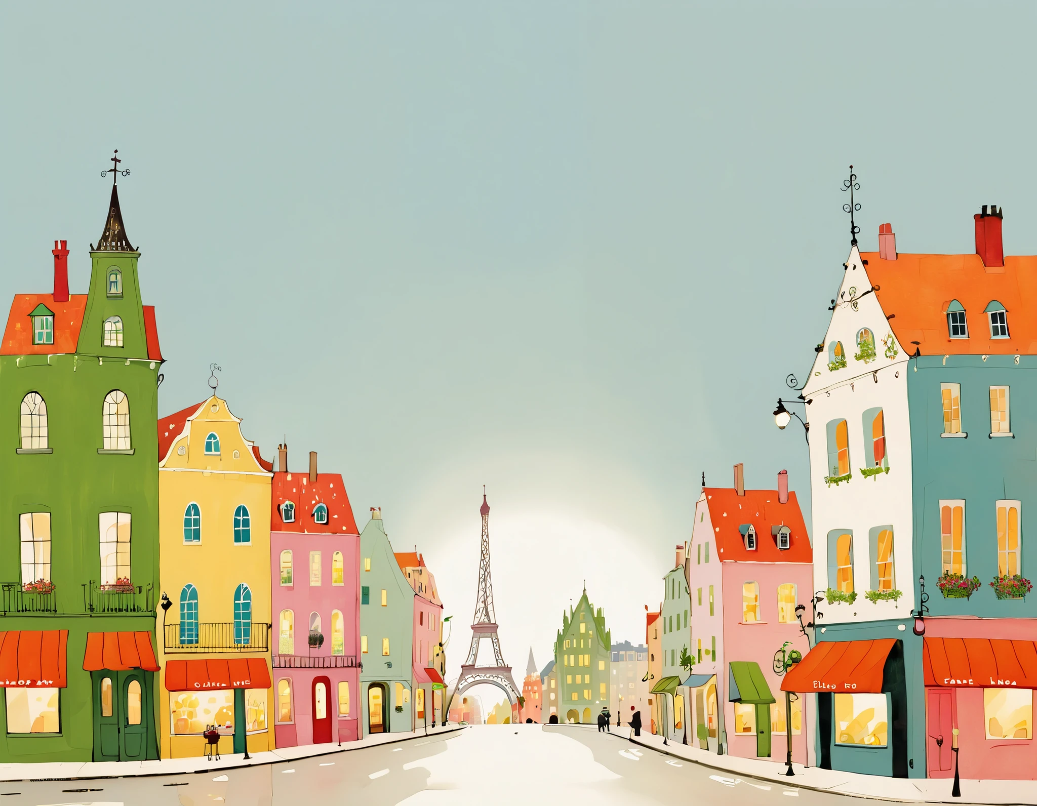 A whimsical cityscape, with charming buildings and a light, airy feel,  simple background