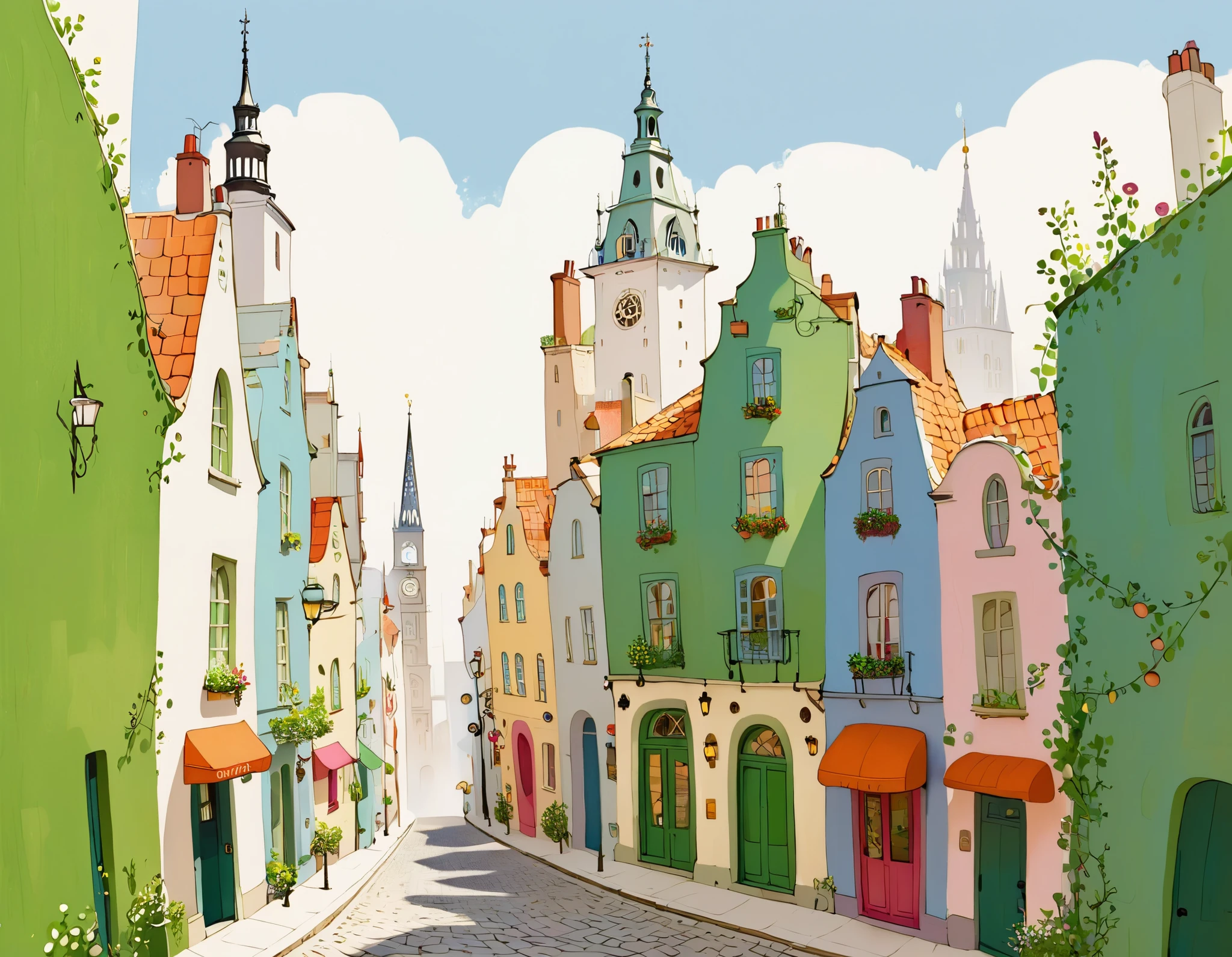A whimsical cityscape, with charming buildings and a light, airy feel,  simple background, looking down a street