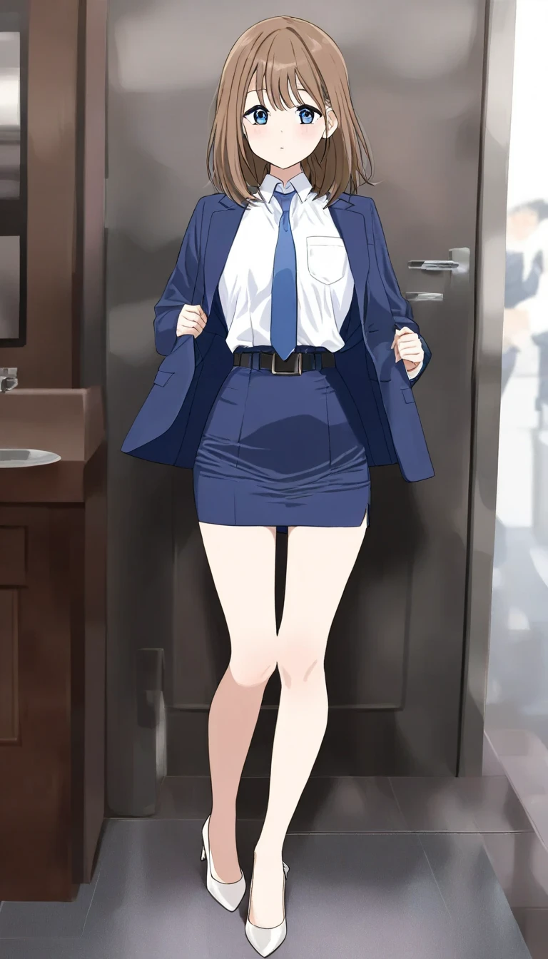 Brown Hair、 medium hair、bangs、 kind smiles、Blue Eyes、 full body style that reflects your whole body、Normal milk、 narrow waist 、Bare legs、 in a suit、 navy blue jacket , collared shirt 、 white shirt 、 blue tie,belt,navy blue mini pencil skirt, black tights、White pumps、Anime Images、