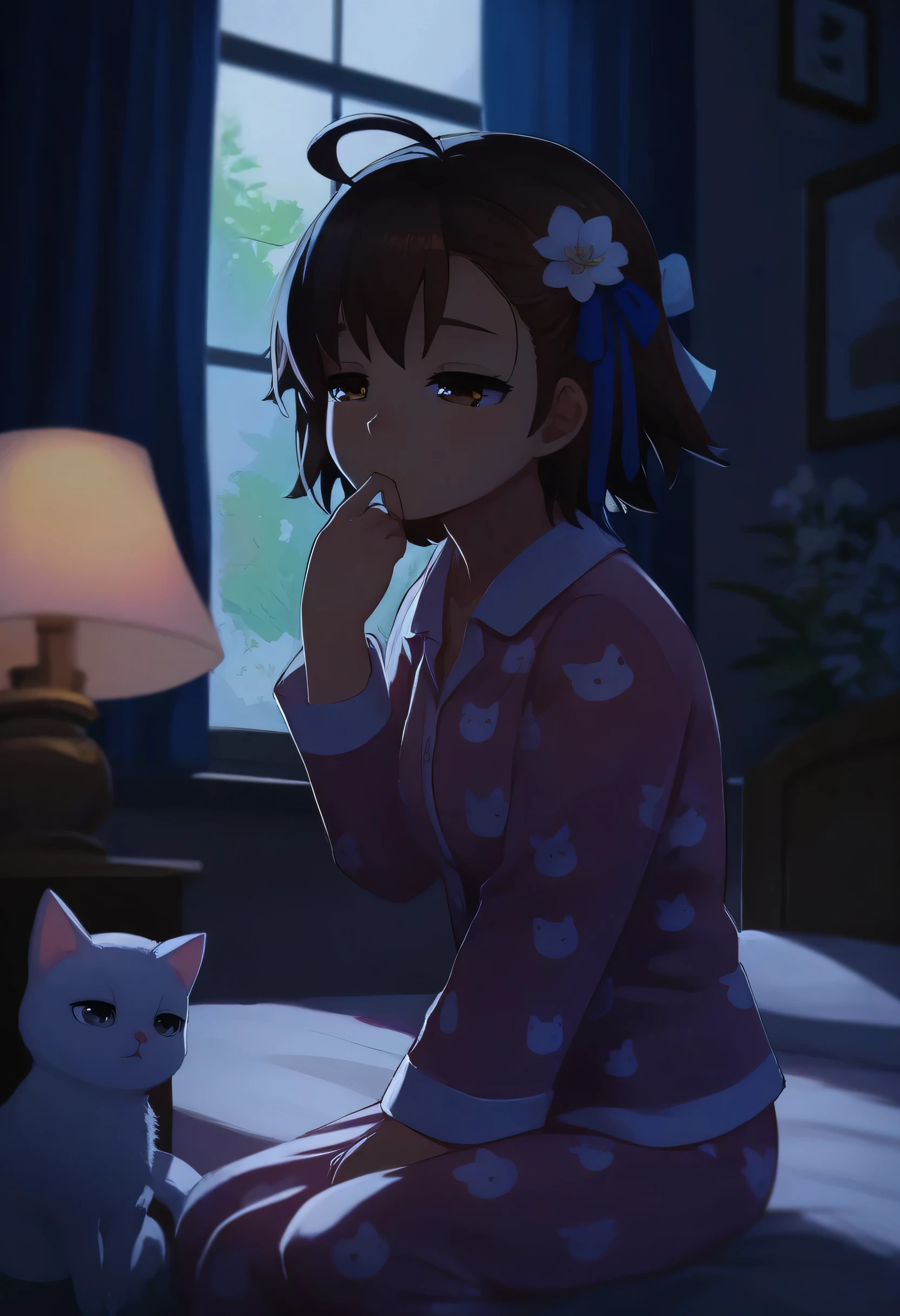 score_9, score_8_up, score_7_up, score_6_up, score_5_up, score_4_up, 1girl, teen, ((Artist: Makoto Shinkai)), dynamic angle, sleepy, eyes half closed, closed mouth, hair flower, black hair, hair ornament, ahoge, flower, pajamas, pink pajamas, ribbon, medium hair, long sleeves, brown eyes, pocket, chest pocket, head down, bangs, upper body, collared pajamas, white flower, blue ribbon, bow, hair ribbon, night, Indoors, bedroom, lamp, window, curtains, wall, on bed, animal, cute cat, white cat, one hand on mouth, sitting, wariza, low lighting, aidxlv05_neg