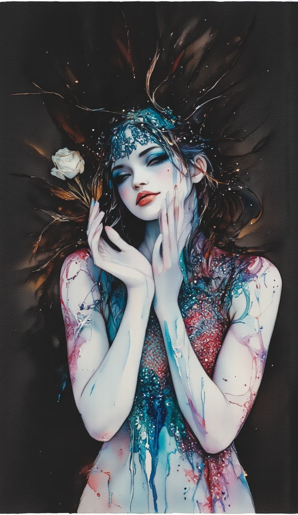 watercolour full length portrait on black paper. In the midst of a fantasy realm, a (mysterious (female (vampire))), opal red eyes, holding a white rose. lacy gothic aesthetic. contemplative. only white. (detailifier:1)