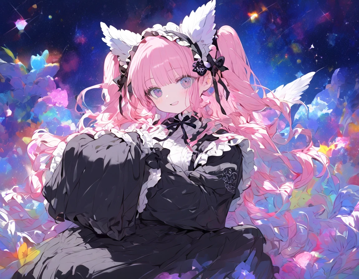  creates a colorful environment with a theme of stars and the universe ,  the central character has Neko ears, short pink hair and a maid's suit, The pose is like inviting you to his space cafeteria , This character is floating, The character wears a feather mask and wears a long dress