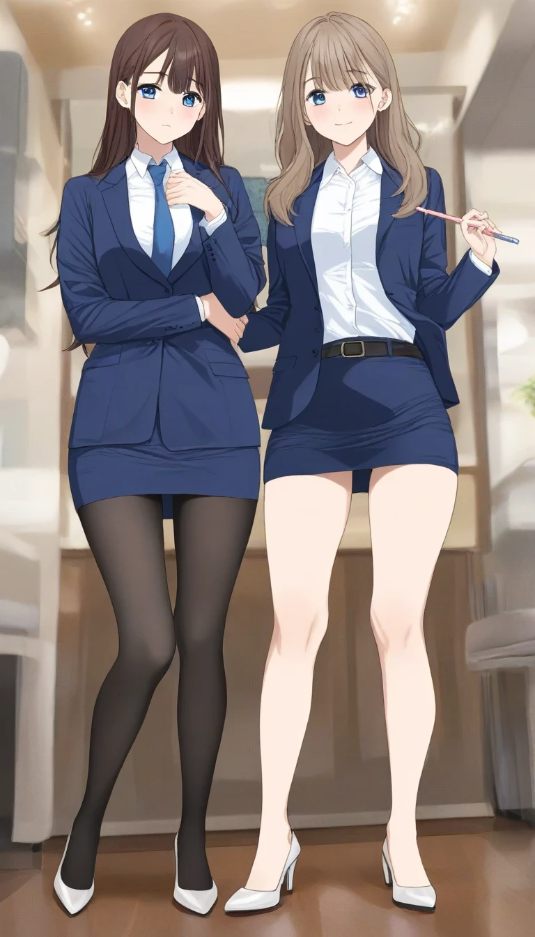 Brown Hair、Tea pupil、Middle hair、 kind smiles、Blue Eyes、 full body style that reflects your whole body、Normal milk、 narrow waist 、Bare legs、 in a suit、 navy blue jacket , collared shirt 、 white shirt 、 blue tie,belt,navy blue mini pencil skirt, black tights、White pumps、Anime Images、