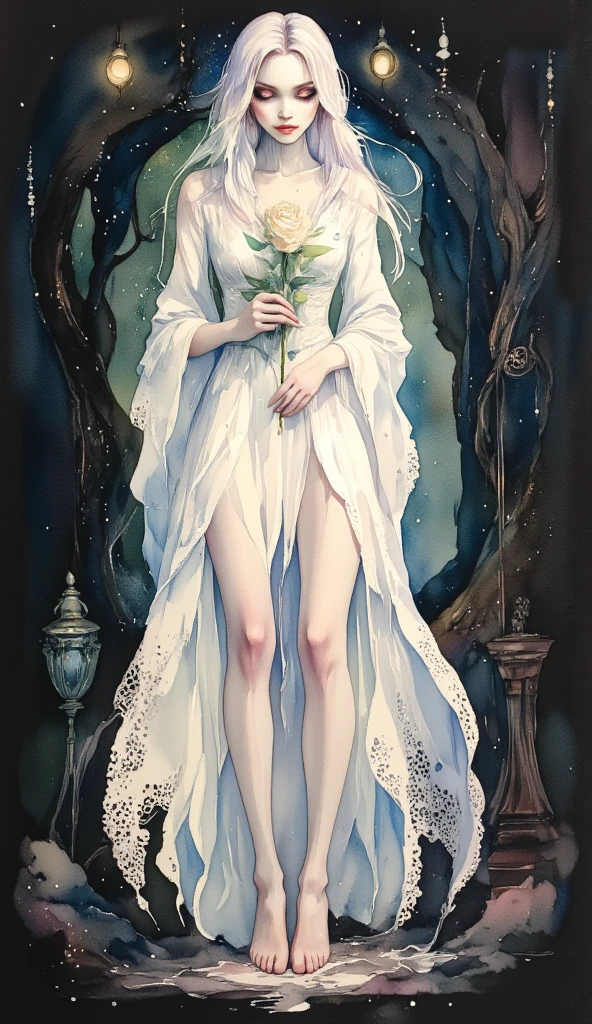 watercolour full length portrait on black paper. In the midst of a fantasy realm, a (mysterious (female (vampire))), opal red eyes, holding a white rose. lacy gothic aesthetic. contemplative. only white.