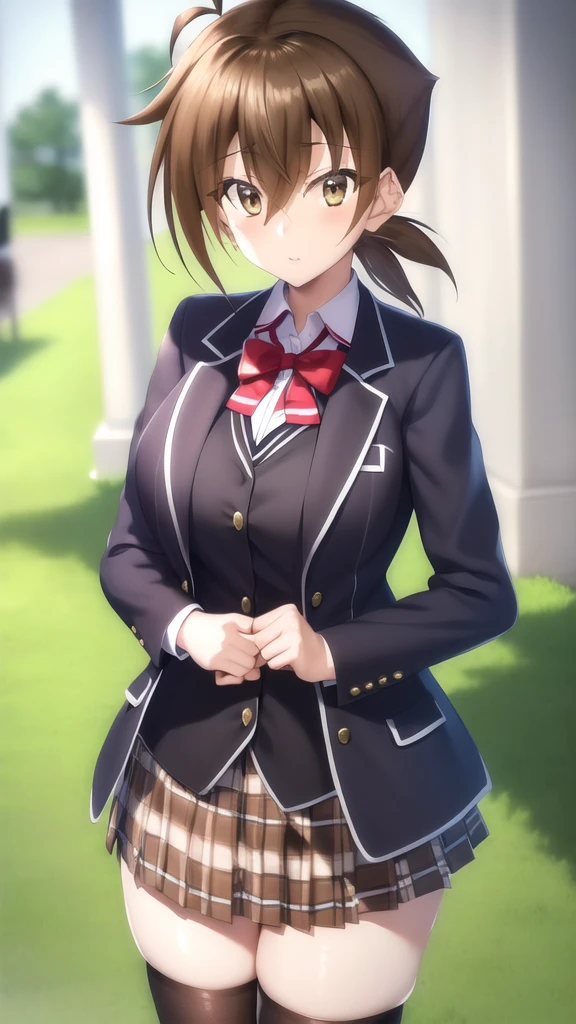 masterpiece, best quality, highres, looking at viewer, girl, solo, issei_hyoudou, brown hair, brown eyes, hair between eyes, large breasts, red bow, striped bow, blazer, blue jacket, long sleeves, plaid skirt, Brown skirt, black thighhighs, outdoors, cowboy shot, standing, looking at viewer,